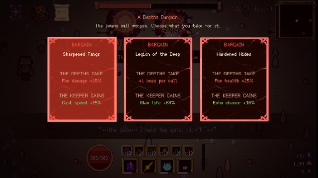 A Depths Bargain paused over the arena, three red cards each binding a gain for the swarm to a gain for the Keeper