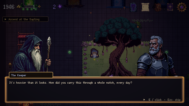 The Keeper talking to Doran the armourer in the Sanctum, both portraits framing a line of dialogue