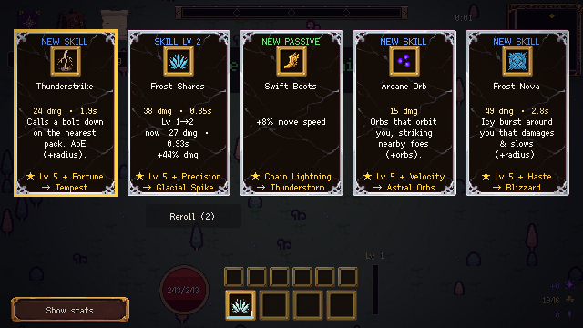 A level-up draft offering new skills, upgrades and passives, with reroll and banish