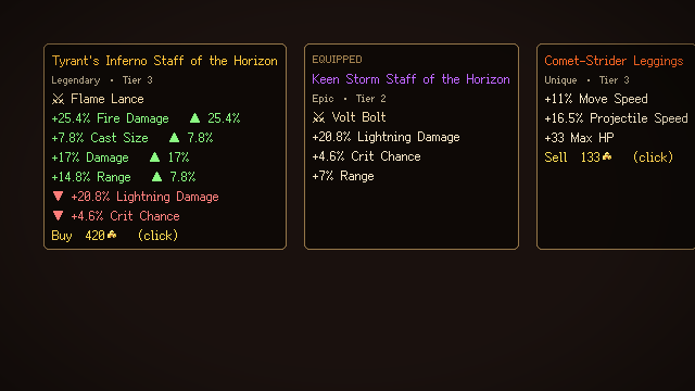 A legendary staff compared against the equipped one, affix by affix, with the price