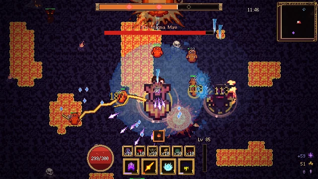 Chain lightning arcing into a pack in the Ember Wastes while a boss health bar fills the top of the screen