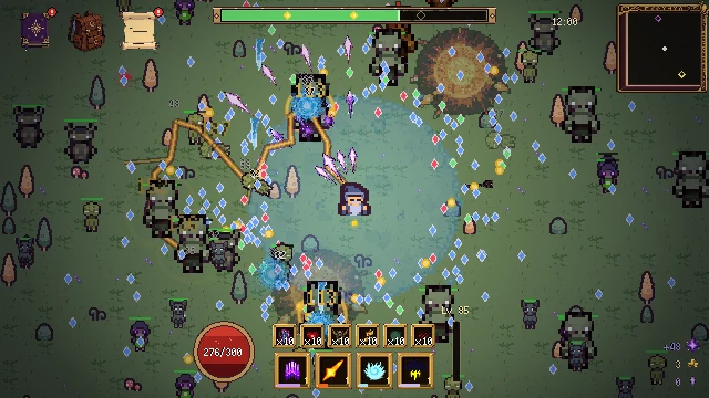 The Keeper ringed by a swarm in the Verdant Plains, with a meteor, a blizzard and chain lightning landing at once