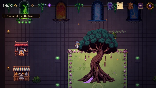 The Sanctum hub with the World-Tree sapling, vendors and the storage vault