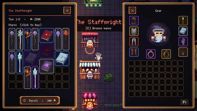 The Staffwright's shop, a full rack of rolled staves and tomes, next to the Keeper's gear panel