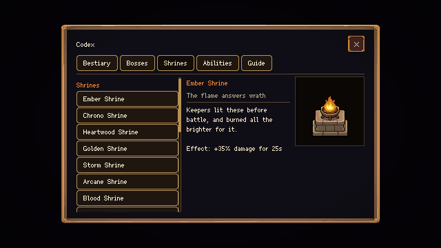 The Codex listing the shrine kinds, with the Ember Shrine open and its effect spelled out
